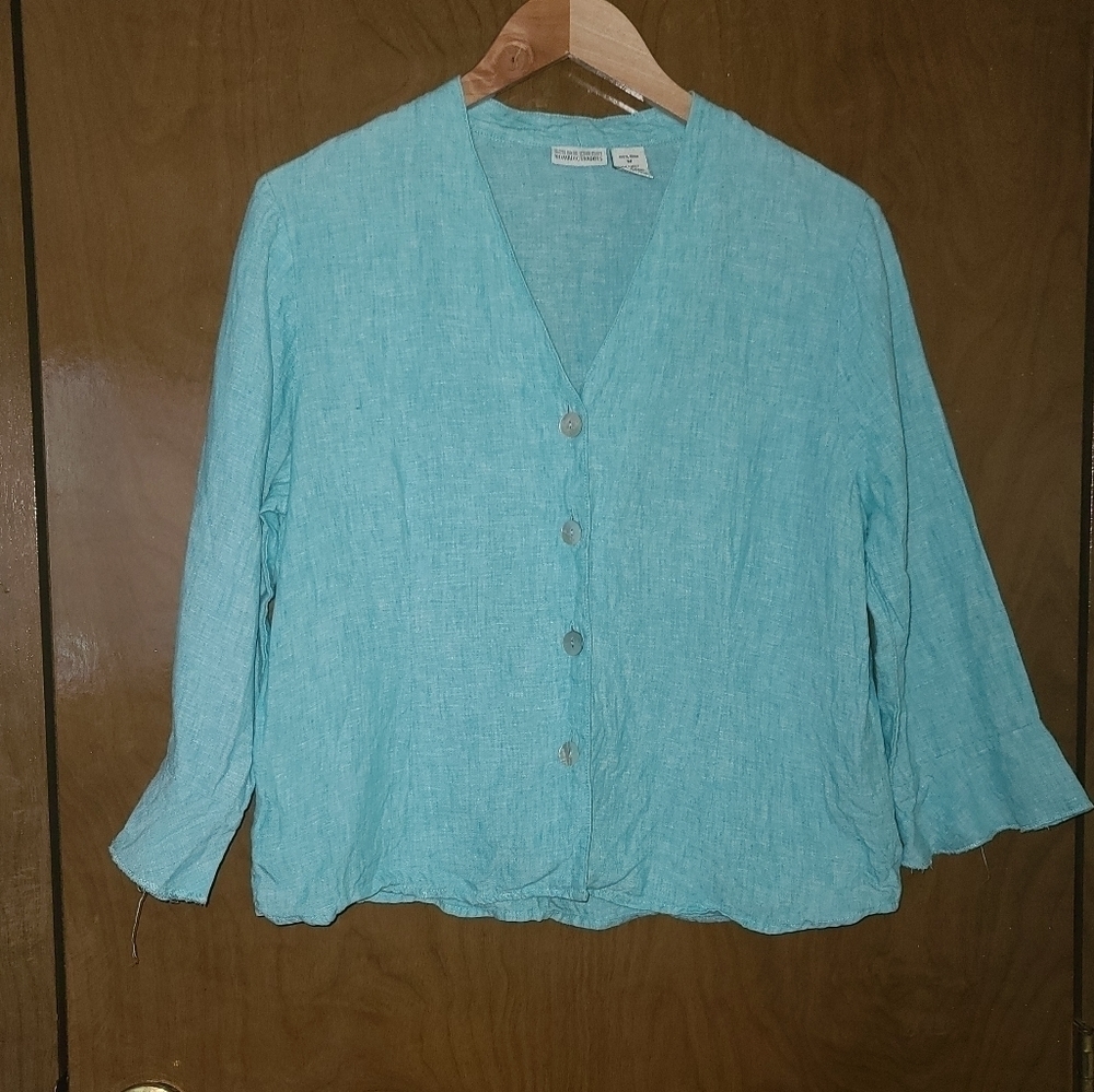 Nomadic Traders Linen Cardigan Aqua Blue Button Front Size M